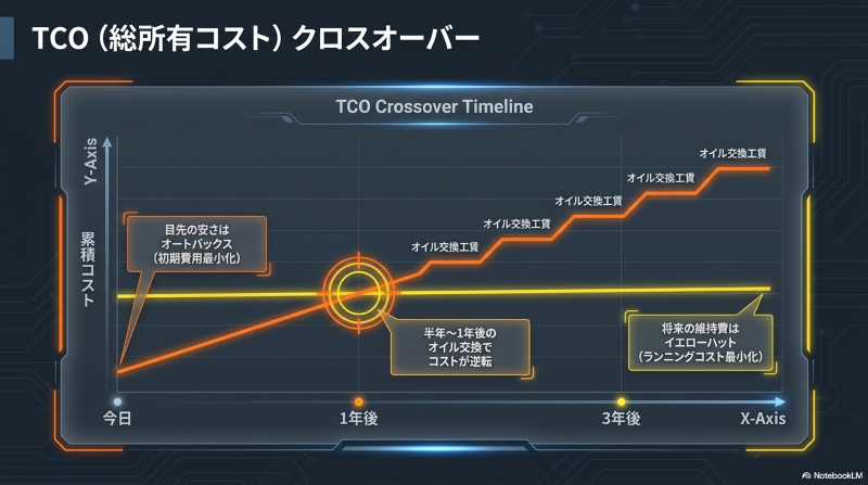 オートバックスとイエローハットのタイヤ交換後を含めた維持費（TCO）の逆転グラフ