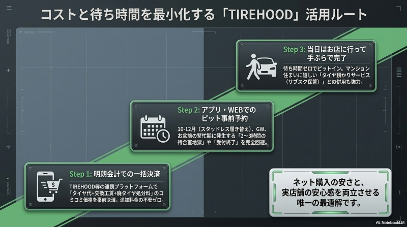 コストと待ち時間を最小化するTIREHOOD活用ルート。明朗会計での一括決済、ピット事前予約、当日はお店で手ぶら完了の3ステップ解説。