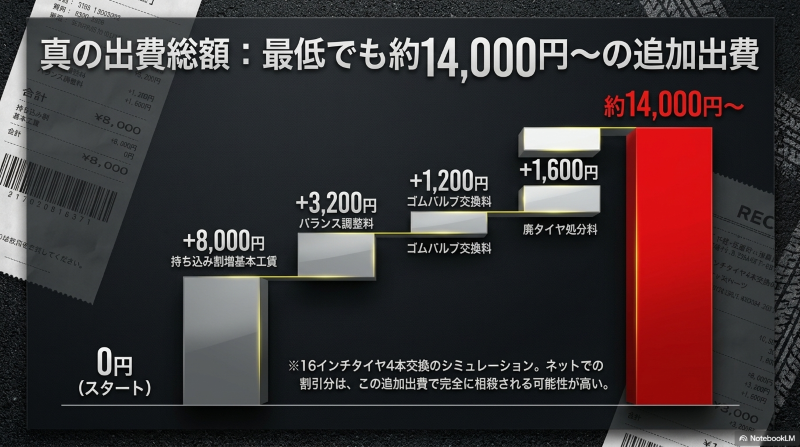 持ち込み割増工賃やバランス調整料などの追加費用を合計すると最低でも約14000円の追加出費になる計算例