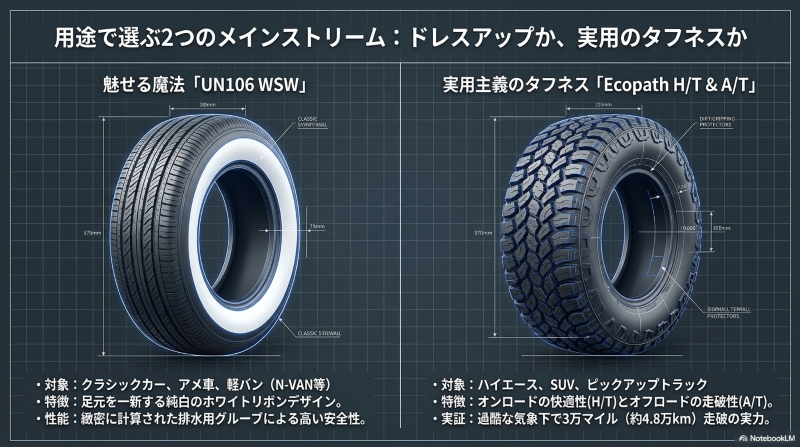 トラベルスタータイヤの主力モデル「UN106 WSW（ホワイトリボン）」と「Ecopath（エコパス）」の特徴比較