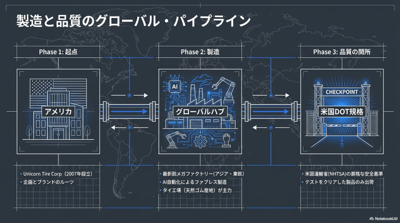 トラベルスタータイヤの製造国と品質管理のグローバルパイプライン図