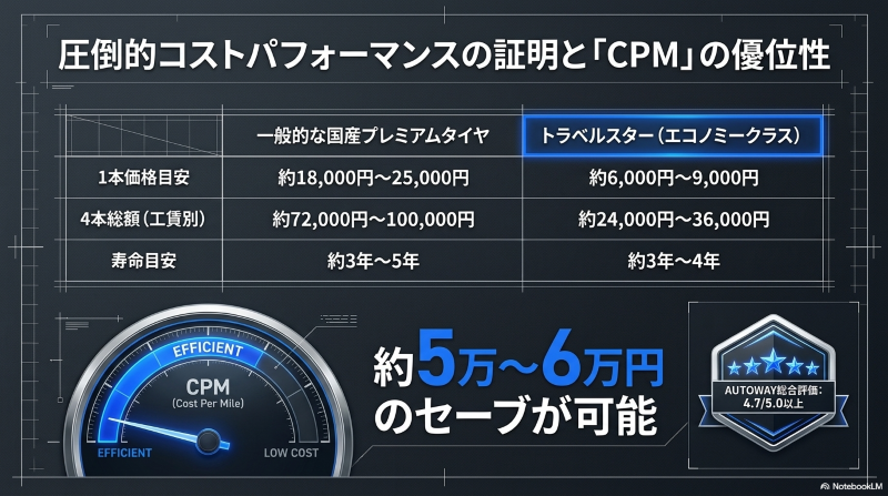 トラベルスターと一般的な国産プレミアムタイヤの価格・寿命・維持費（CPM）の比較表