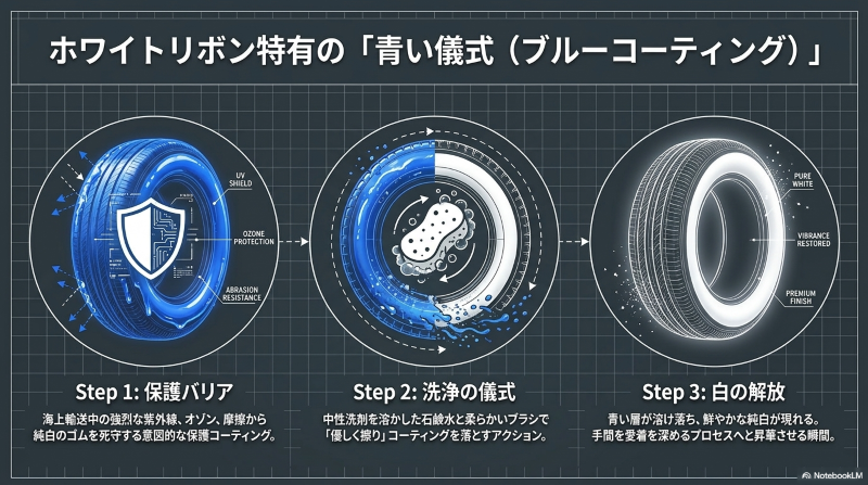 ホワイトリボンタイヤ特有の青い保護剤（ブルーコーティング）の役割と洗い落とし方の手順