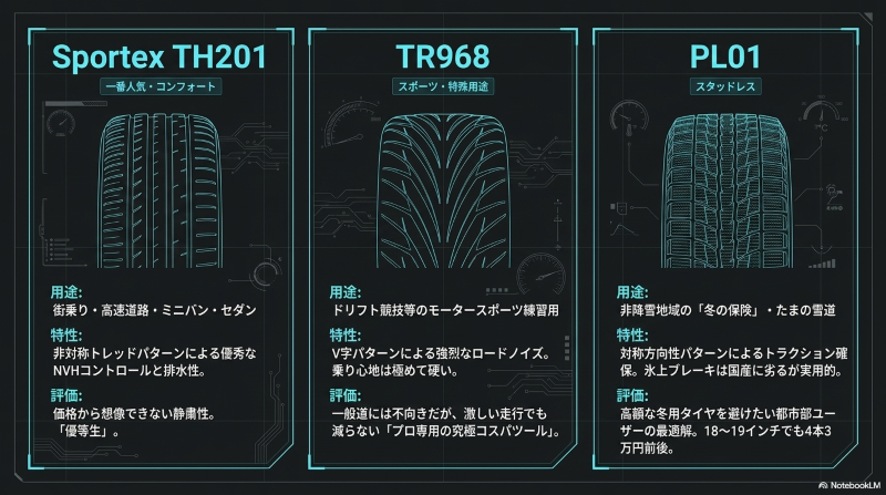 トライアングルタイヤの人気モデルTH201・TR968・PL01の用途と特性比較