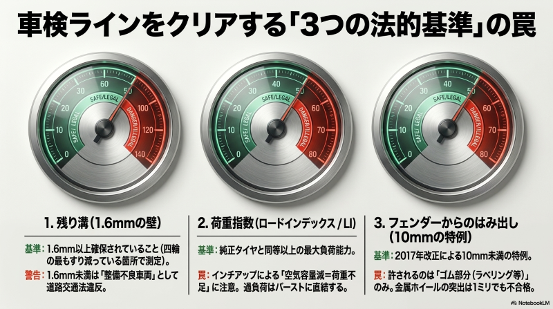 残り溝、荷重指数、はみ出し規定など、車検ラインをクリアする3つの法的基準とそれぞれの罠