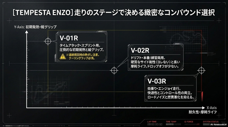 テンペスタエンツォ(V-01R、V-02R、V-03R)のコンパウンド特性と耐久性の比較