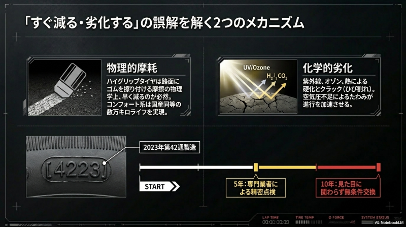 タイヤの物理的摩耗(消しゴムの原理)と化学的劣化(紫外線・オゾン)のメカニズム