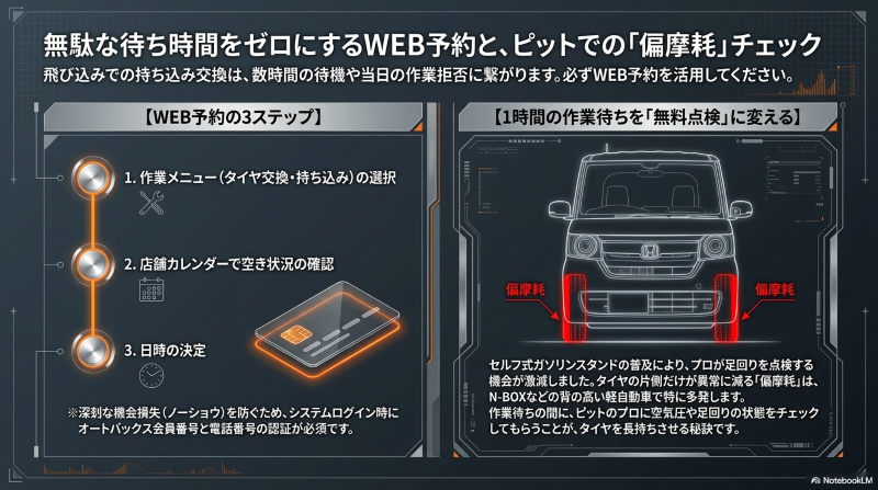 機会損失を防ぐ会員認証を伴うWEB予約の3ステップ（作業メニュー選択、空き状況確認、日時決定）と、作業待ち時間に行うプロの偏摩耗チェックの重要性を示す図解