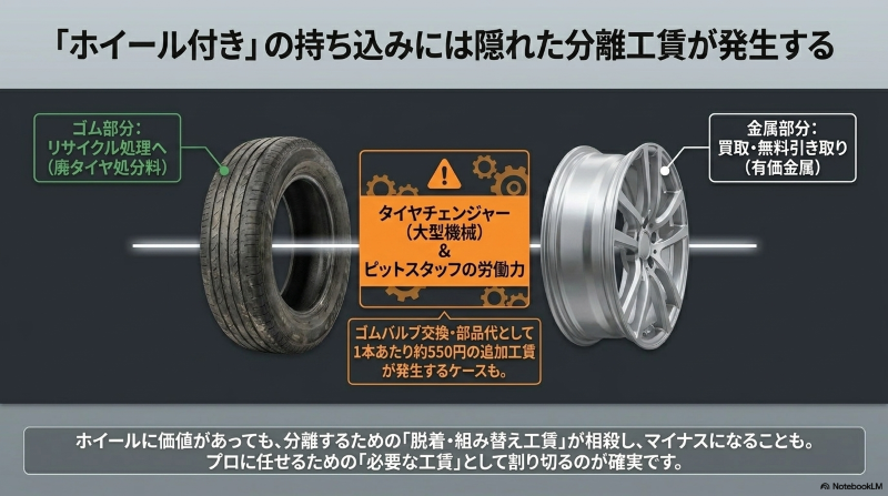 ホイール付きの持ち込みには隠れた分離工賃が発生。タイヤチェンジャーとピットスタッフの労働力により脱着・組み替え工賃がかかる仕組みの図解