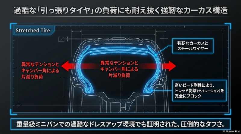 異常なテンションとキャンバー角による片減り負荷に耐え抜く強靭なカーカス構造図