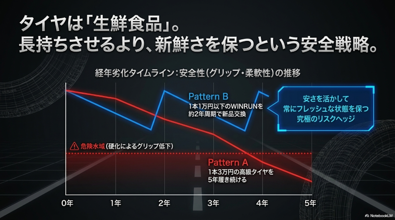 タイヤの経年劣化タイムラインと2年周期で新品交換するWINRUNの安全戦略グラフ