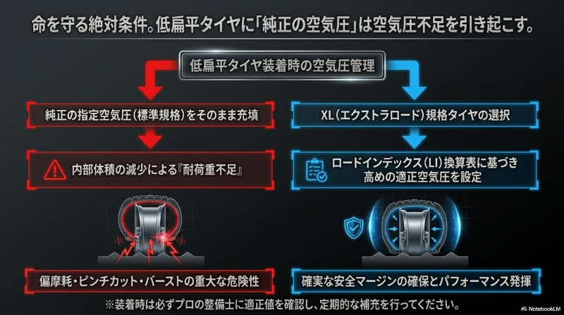 XL規格タイヤ装着時に純正の指定空気圧を入れた場合の耐荷重不足と偏摩耗の危険性