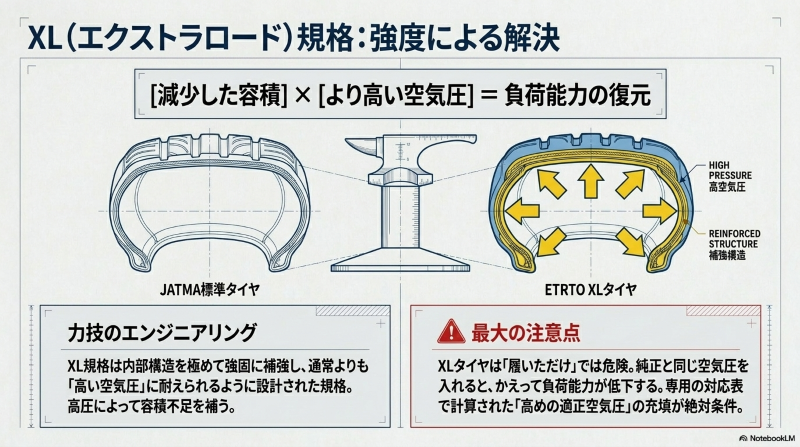 減少した容積をより高い空気圧で補うXL規格タイヤの内部構造と、適正空気圧充填の重要性を示す図解