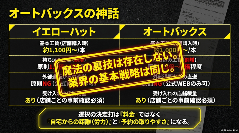 イエローハットとオートバックスの基本工賃や持ち込み時の割増料金、直送対応の可否を比較した表