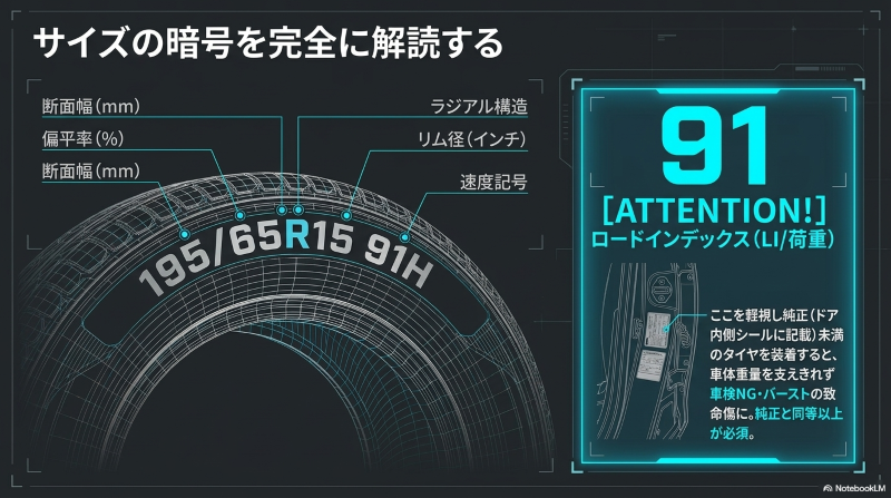 タイヤサイズの各数値の意味(断面幅、偏平率、リム径、ロードインデックスなど)と確認箇所の解説