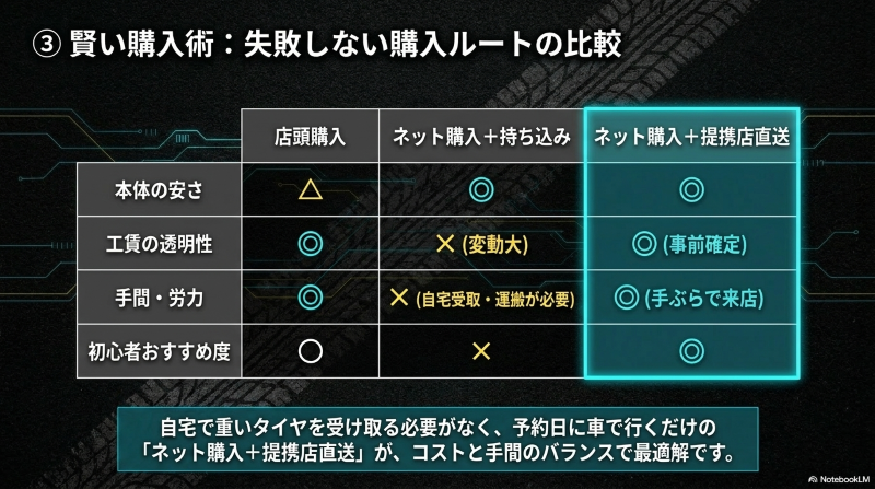 店頭購入、ネット購入と持ち込み、ネット購入と提携店直送を、本体の安さ、工賃の透明性、手間、初心者おすすめ度で比較したスライド