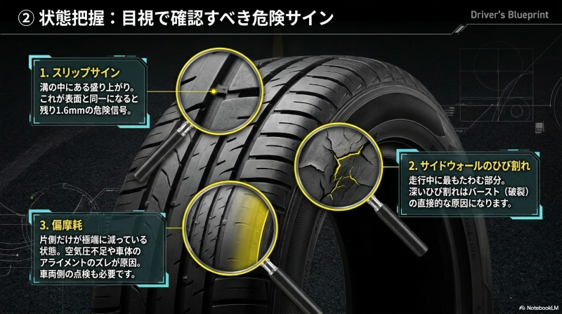タイヤの溝にあるスリップサイン、サイドウォールのひび割れ、片側だけ減る偏摩耗など、目視で確認すべき危険サインを示したスライド