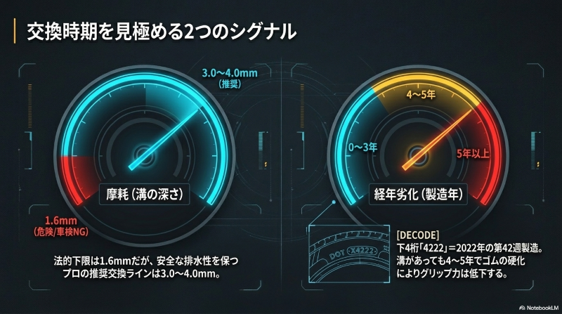 タイヤの摩耗(溝の深さ1.6mm〜4.0mm)と経年劣化(製造から4〜5年)による寿命の目安