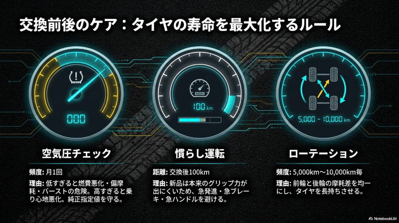 タイヤ交換後に行うべき空気圧チェック、交換後100km程度の慣らし運転、5000kmから10000kmごとのローテーションをまとめたスライド