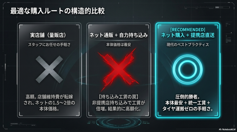 実店舗、ネット通販+自力持ち込み、ネット購入+提携店直送のコストと手間の比較
