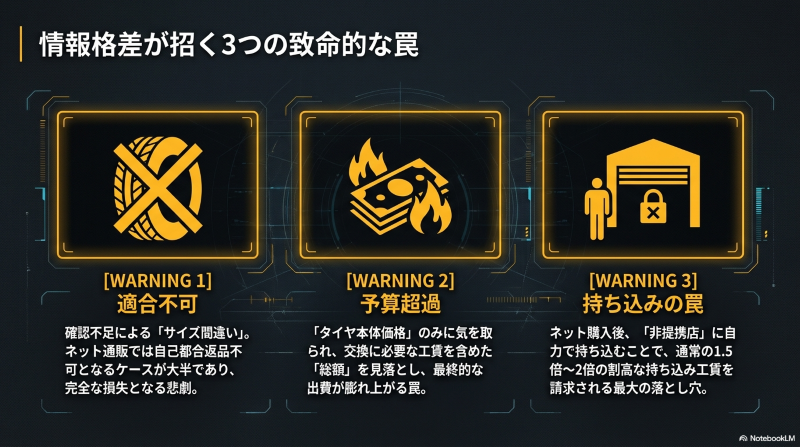 タイヤ交換における情報格差が招く3つの罠(サイズ間違い、予算超過、持ち込みの罠)