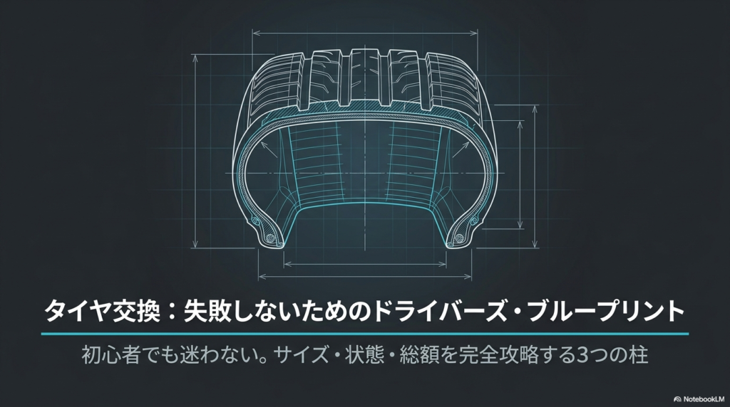 タイヤ交換で失敗しないために、サイズ・状態・総額を確認する重要性を示した記事全体の概要スライド
