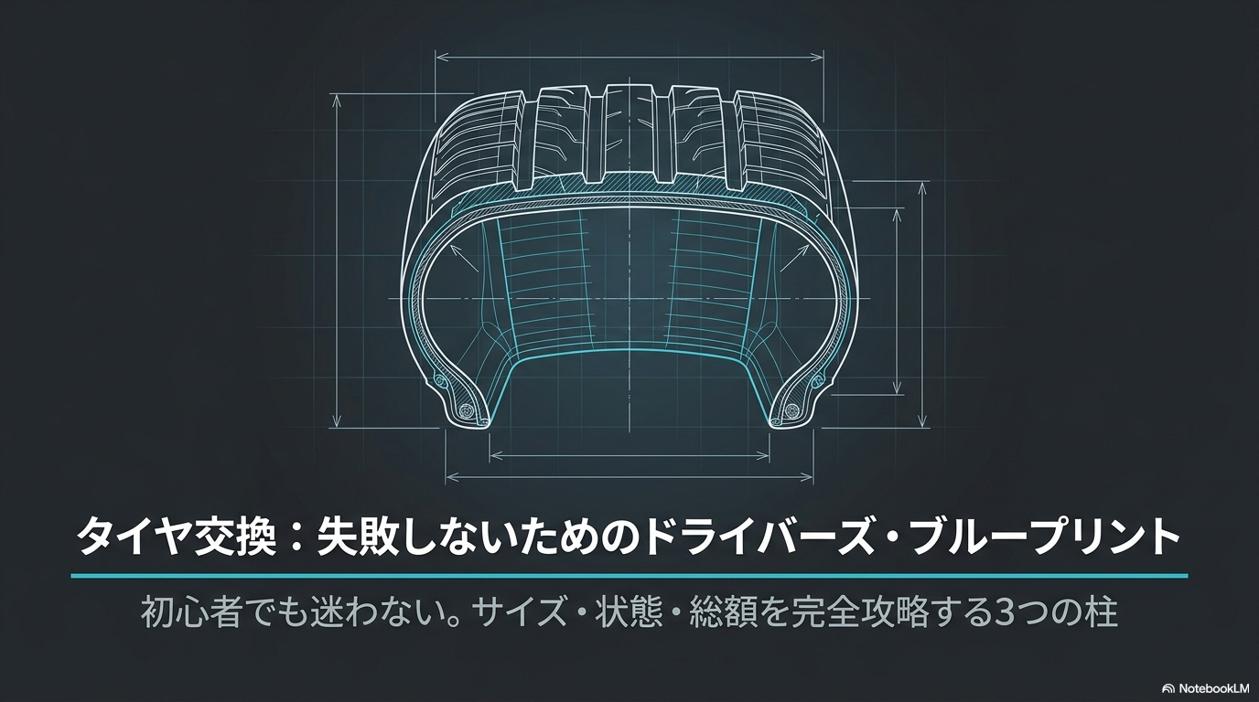 タイヤ交換で失敗しないために、サイズ・状態・総額を確認する重要性を示した記事全体の概要スライド