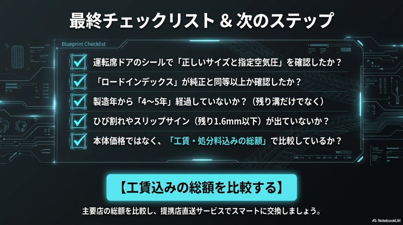 タイヤ交換前に、正しいサイズと指定空気圧、ロードインデックス、製造年、ひび割れやスリップサイン、工賃・処分料込みの総額を確認するチェックリスト
