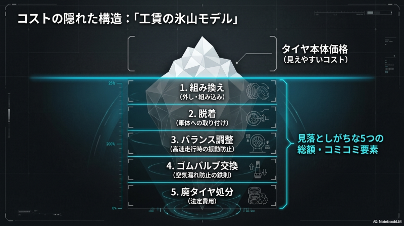 タイヤ本体価格以外にかかる5つの隠れた工賃(組み換え、脱着、バランス調整、バルブ交換、廃タイヤ処分)