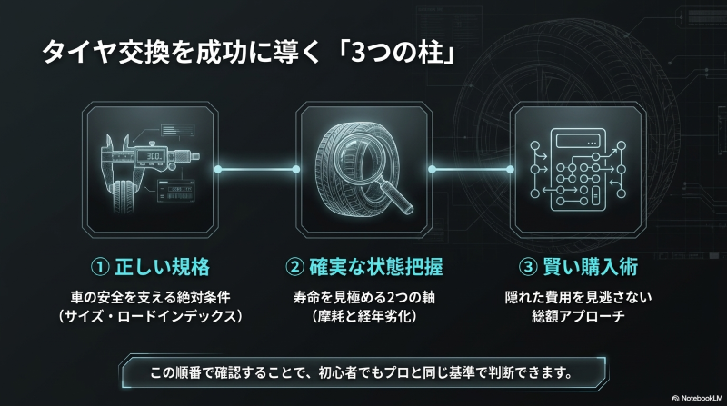 タイヤ交換を成功させるために、正しい規格、確実な状態把握、賢い購入術の3つを確認する流れを示したスライド