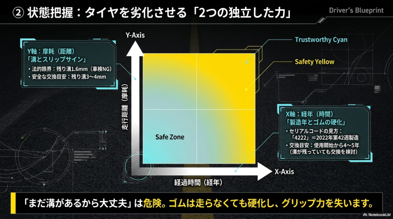 タイヤの交換時期を、溝やスリップサインによる摩耗と、製造年やゴムの硬化による経年劣化の2軸で判断することを示したスライド
