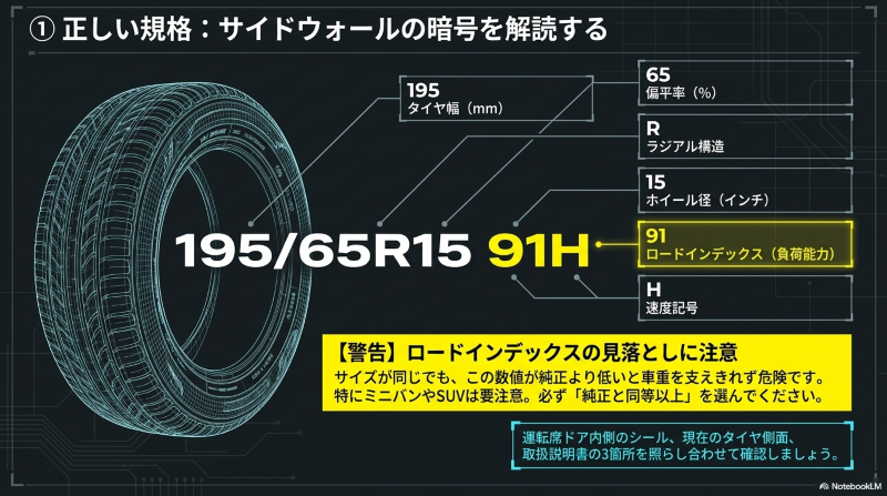 195/65R15 91Hの表記について、タイヤ幅、偏平率、ラジアル構造、ホイール径、ロードインデックス、速度記号を図解したスライド