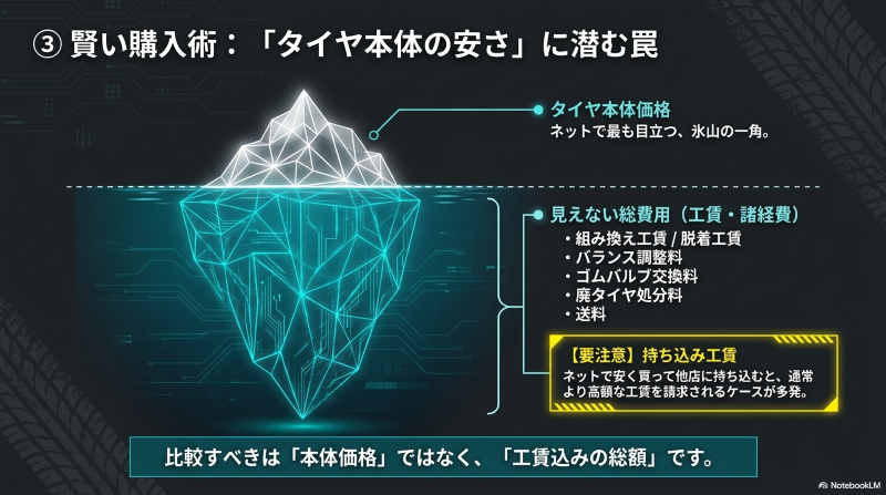 タイヤ本体価格の安さだけで判断せず、組み換え工賃、脱着工賃、バランス調整料、ゴムバルブ交換料、廃タイヤ処分料、送料、持ち込み工賃まで確認する必要性を示したスライド
