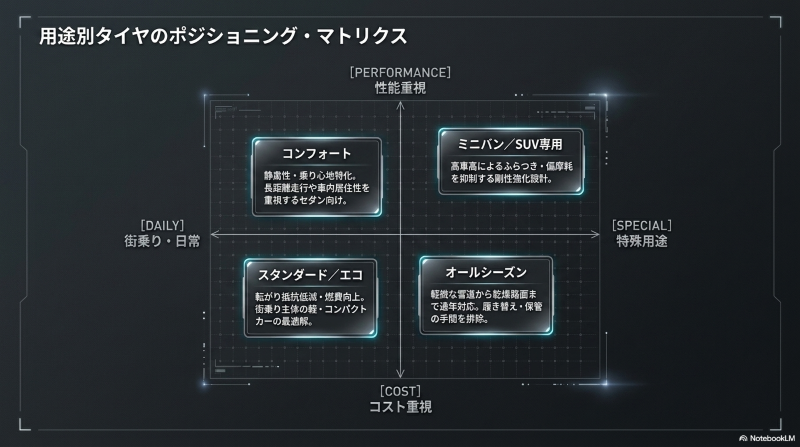 コンフォート、ミニバン/SUV用、スタンダード/エコ、オールシーズンタイヤの性能とコストの比較マトリクス