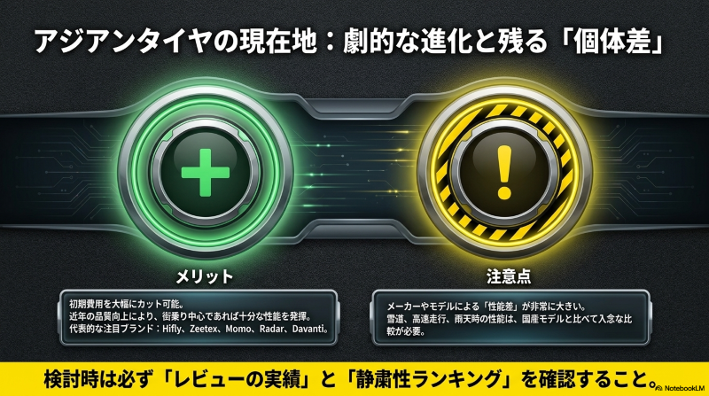 アジアンタイヤは価格を抑えやすい一方で、メーカーやモデルごとの性能差に注意が必要なことを示した画像