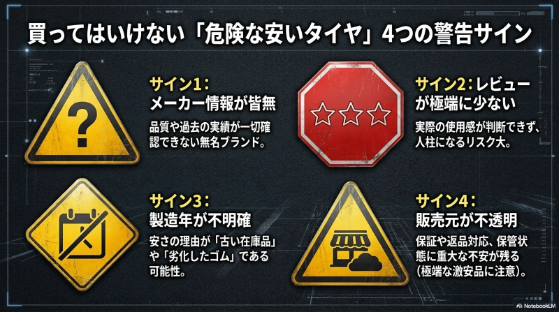 メーカー情報が少ない、レビューが少ない、製造年不明、販売元不透明など危険な安いタイヤの特徴をまとめた画像
