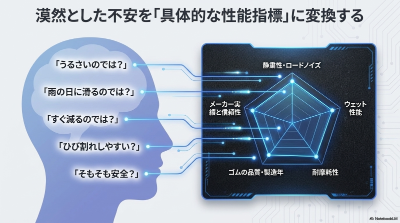 ロードノイズ、雨の日の滑り、寿命、ひび割れ、安全性などの不安を具体的な確認項目に変換する図