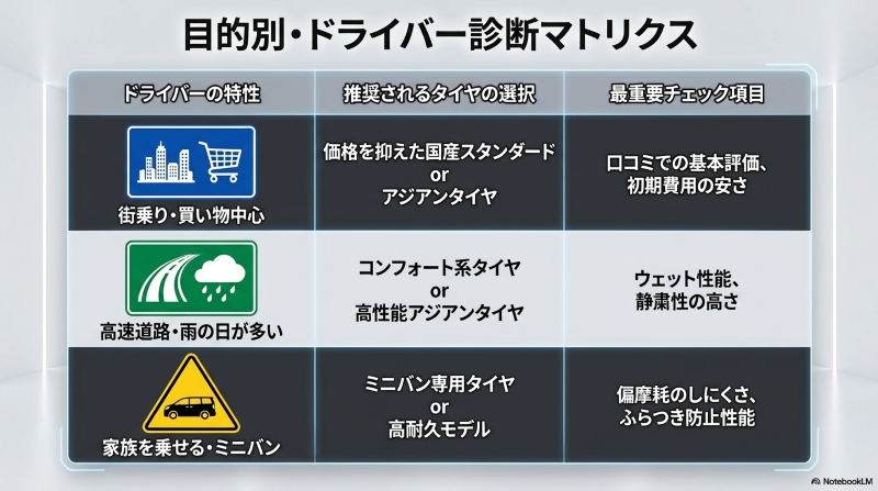 街乗り、高速道路や雨の日、家族を乗せるミニバンなど目的別におすすめタイヤと確認項目を整理した表
