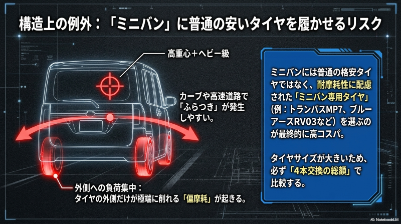 ミニバンは車重や重心の高さにより偏摩耗やふらつきが起きやすく、専用タイヤ選びが重要なことを示した図