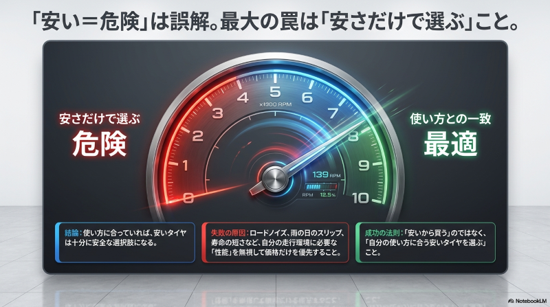 安いタイヤは価格だけで選ばず、走行環境や必要性能に合うかを確認する重要性を示した図