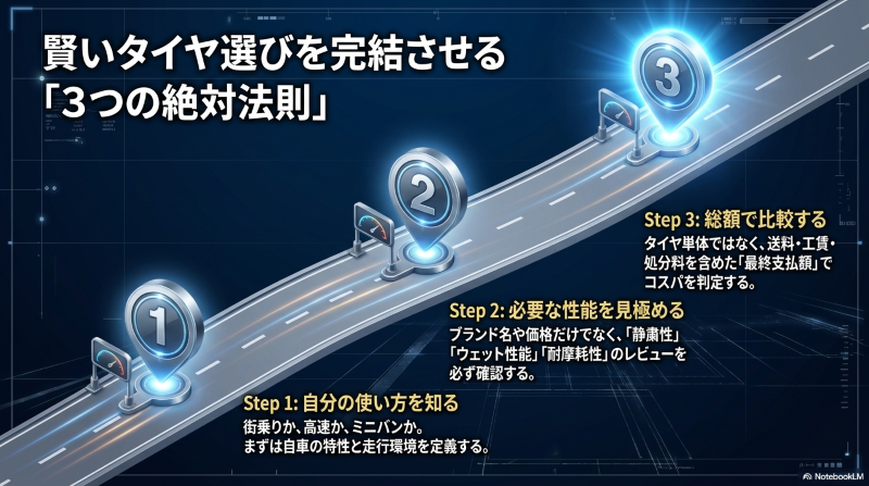 安いタイヤ選びは使い方を知る、必要性能を見極める、総額で比較するという3ステップが重要であることを示した画像