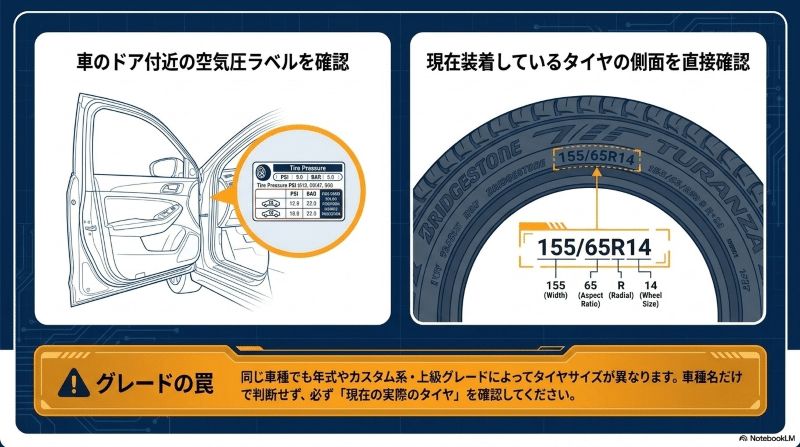 車の空気圧ラベルとタイヤ側面でタイヤサイズを確認する方法