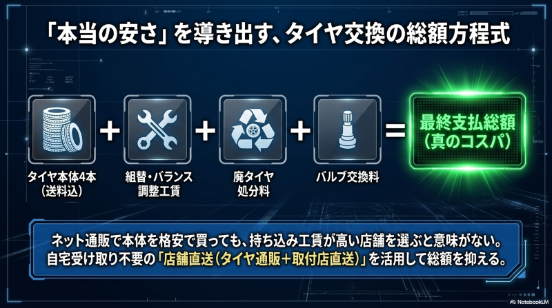 タイヤ本体価格、組替工賃、廃タイヤ処分料、バルブ交換料を含めた最終支払総額で比較する重要性を示した図