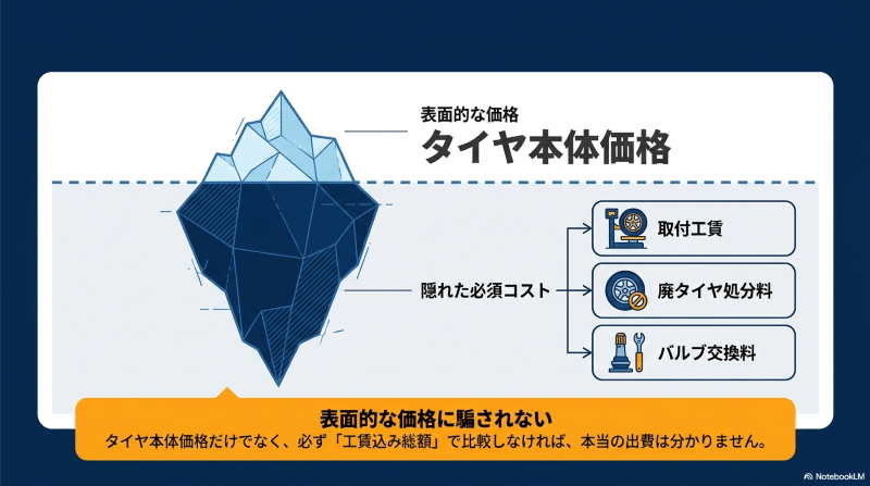 タイヤ本体価格と取付工賃・廃タイヤ処分料・バルブ交換料を含めた総額比較のイメージ